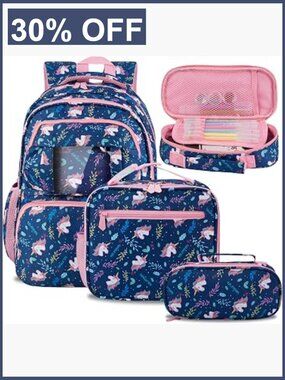 3PC Kids Backpack Set with Lunch Box & Pencil Pouch Waterproof Lightweight
